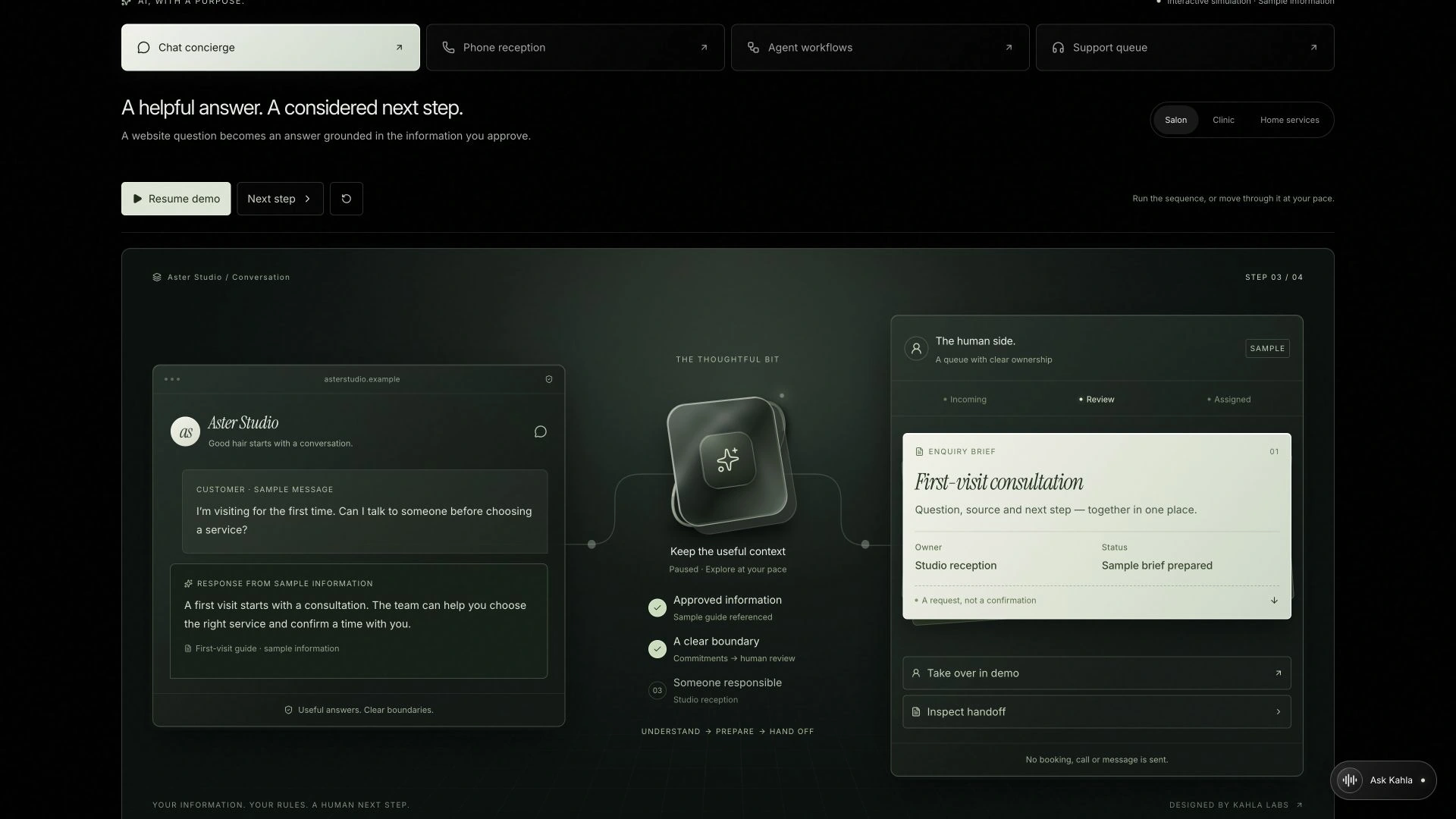 Captured KAHLA interactive AI chat simulation showing a sample customer enquiry and the visible workflow