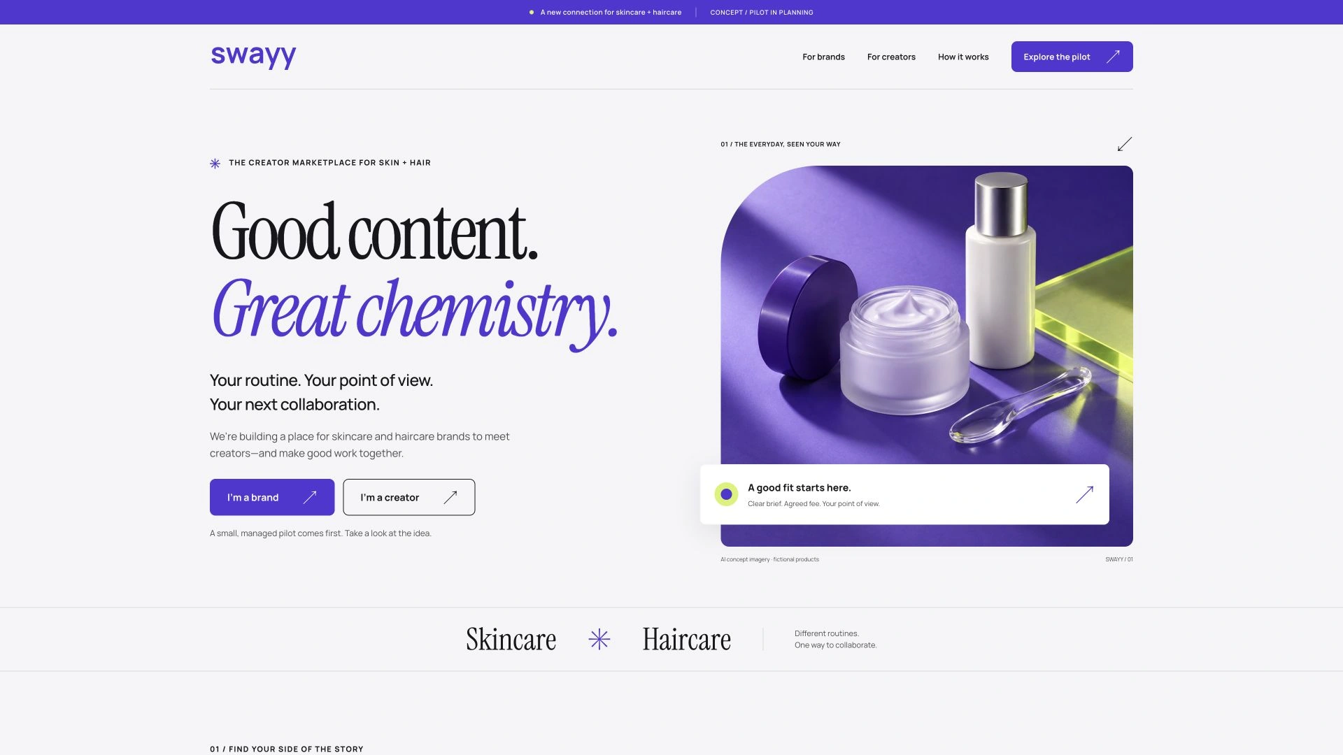 Captured Swayy concept website homepage with its original violet identity and beauty art direction