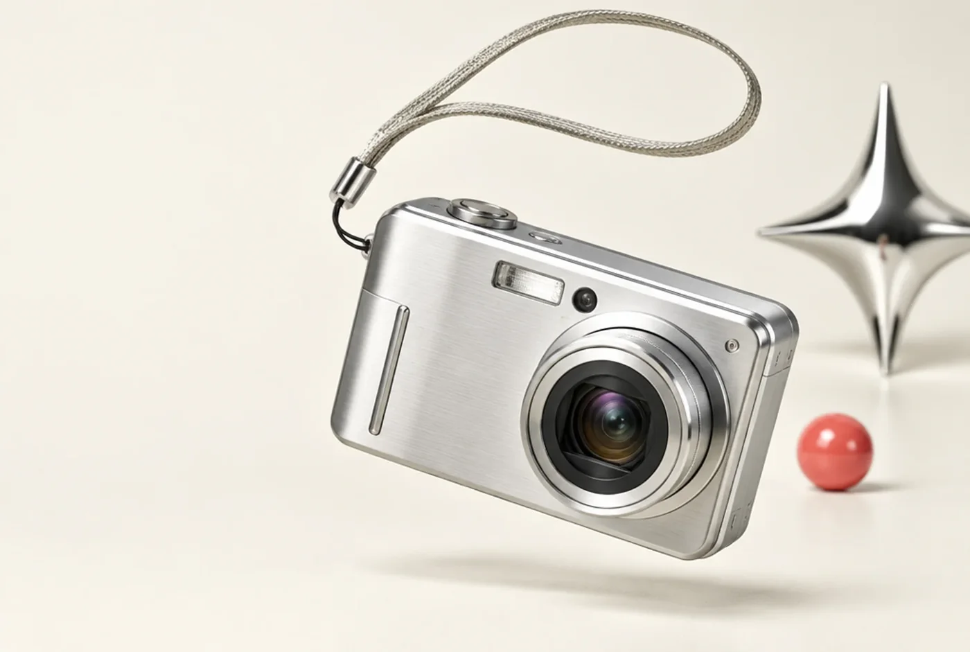 Measure Joy’s editorial camera artwork: silver hardware, a chrome star and coral on warm ivory