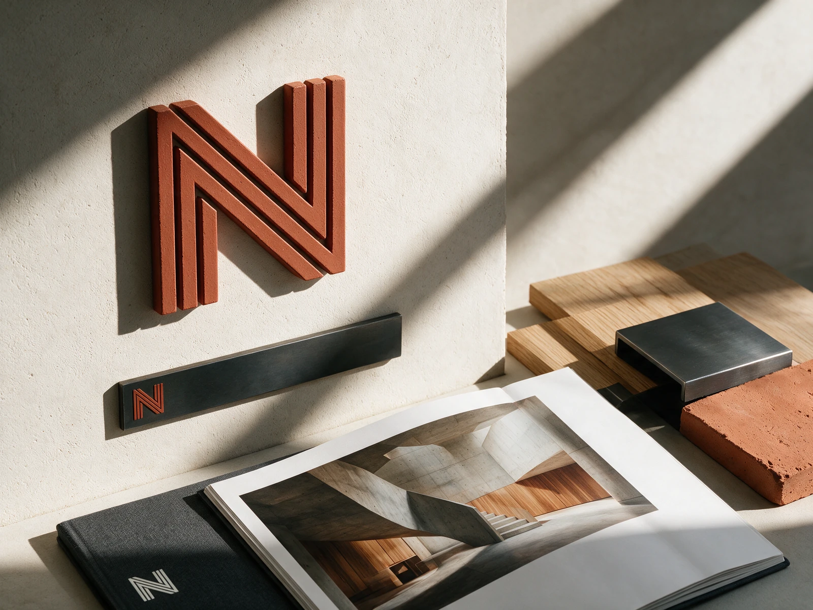 NORTHLINE concept wayfinding and material study with a dimensional terracotta N, plaster, oak, and printed folios