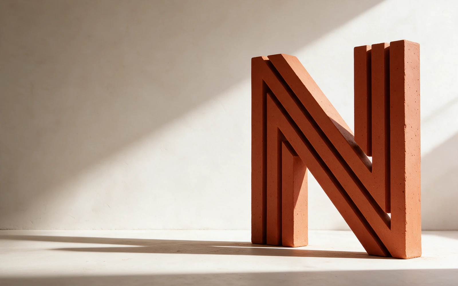The NORTHLINE structural N as a terracotta architectural sculpture with strong sunlight on warm plaster