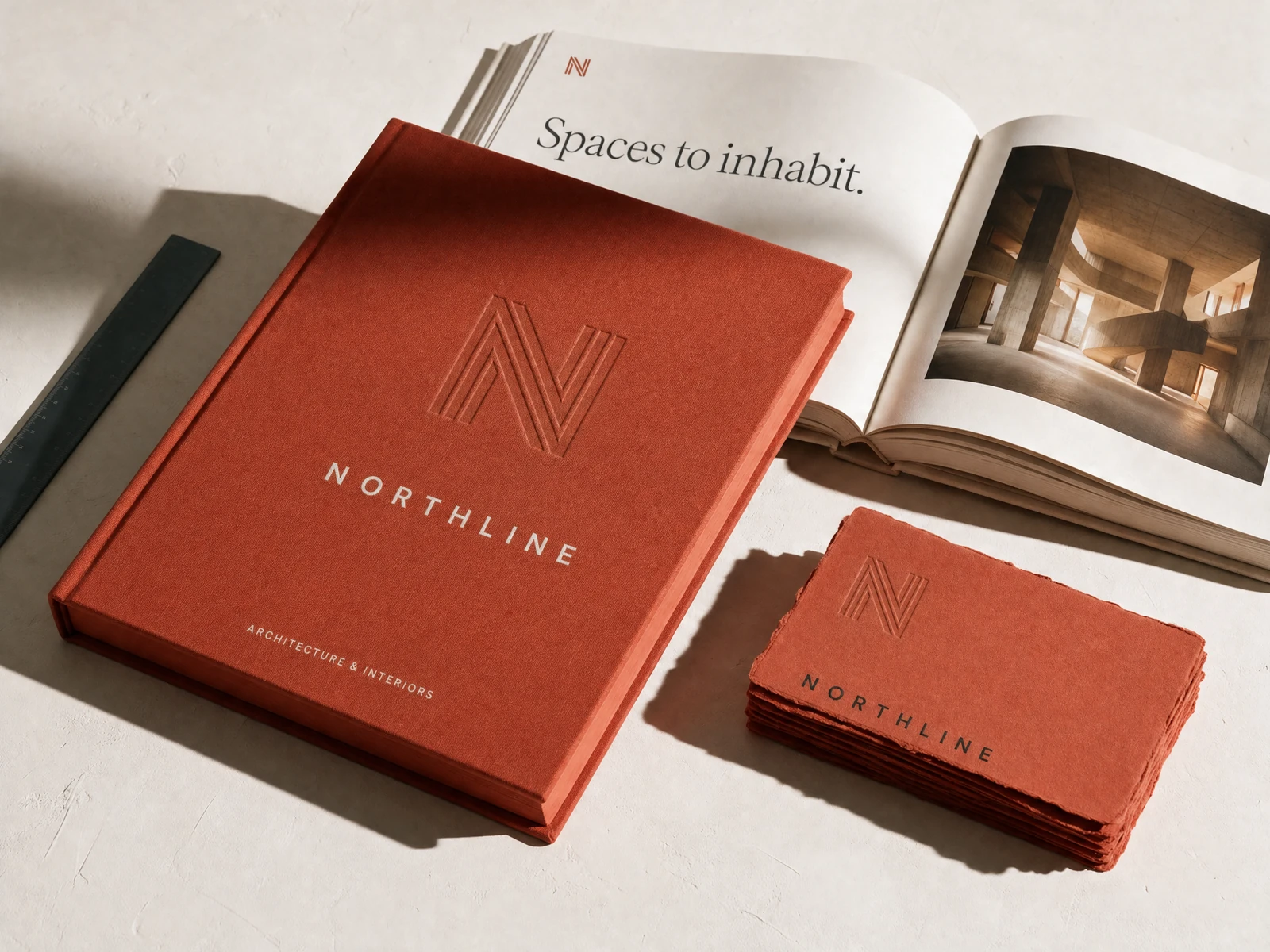 NORTHLINE concept architectural identity on embossed folios, terracotta print materials, and a refined project presentation