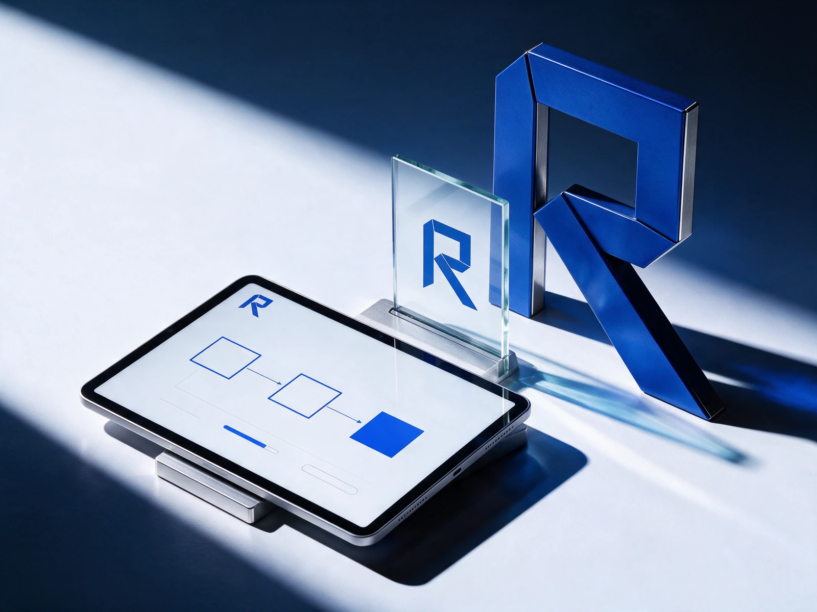 RELAY concept device presentation with brushed aluminum, cobalt glass, and the folded R signature