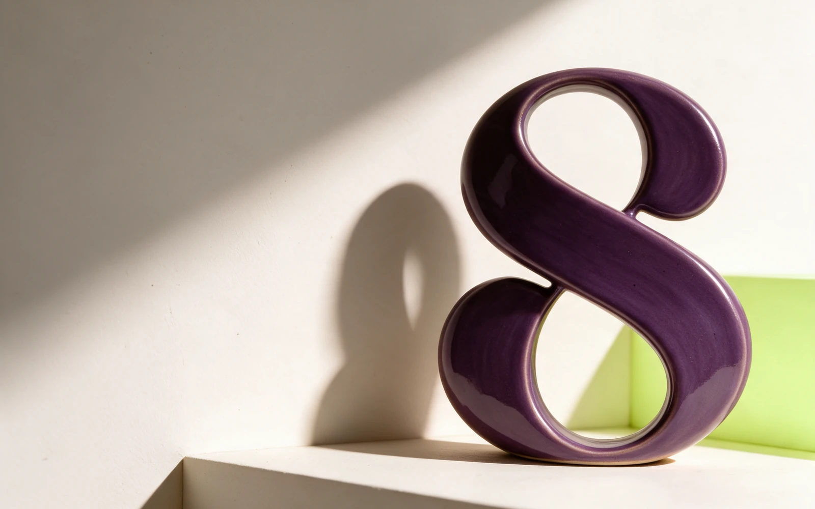 A flowing aubergine S rendered as a tactile ceramic sculpture in a soft porcelain environment